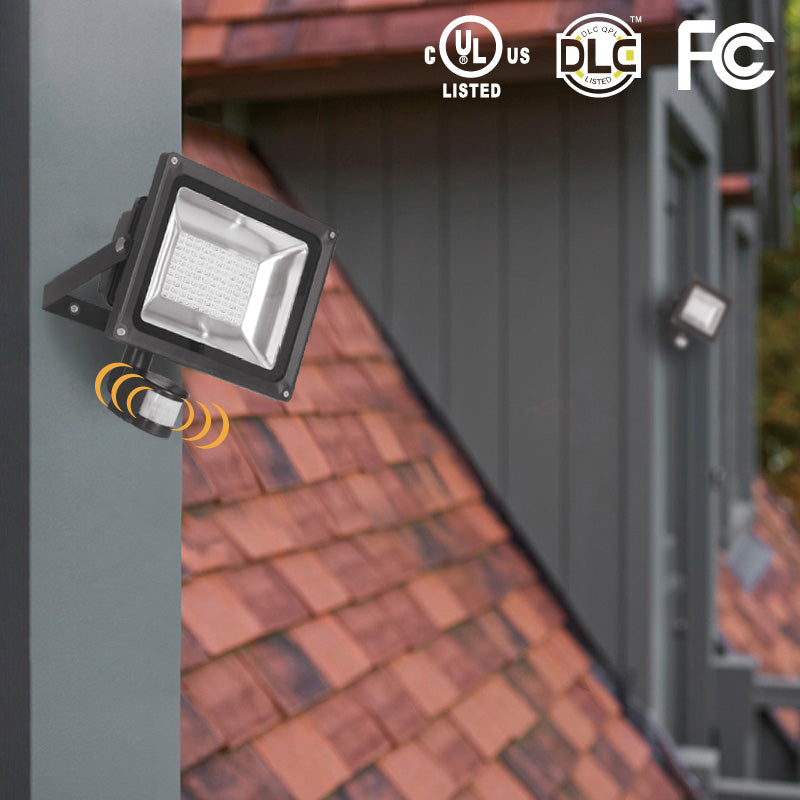 LED Flood Light Outdoor 100W SFL with U Bracket (SLIM) Mount, WHITE Wall Mount 3000K/5000K 800 Lumens Per Watt IP65 Waterproof LED Security Lights for Yard Garden Garage 50,000 Hour lifespan. MOTION SENSOR