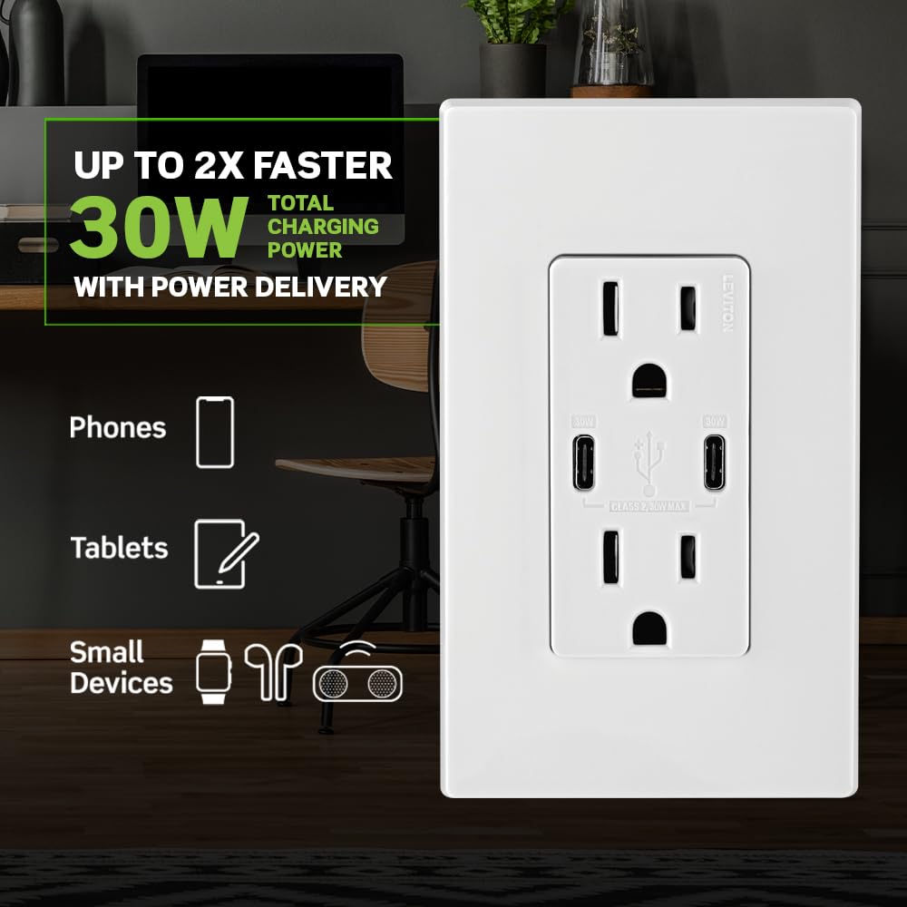 Leviton T5635-W 30W USB Dual Type-C Power Delivery In-Wall Charger with 15A Outlet, USB Charger for, Smartphones, Tablets, White
