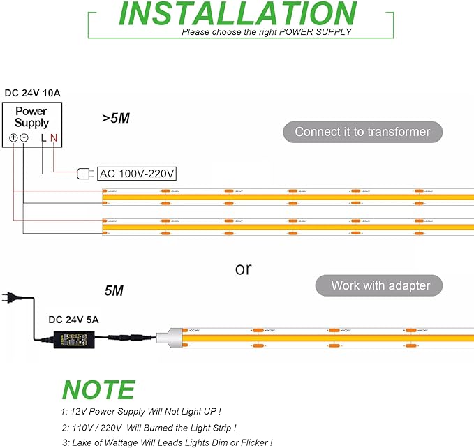 LED STRIP COB LIGHT 3.5W PER FT 16.5 FEET 24/12V DC